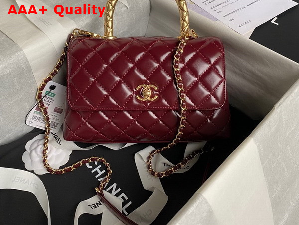 Chanel Flap Bag in Red Shiny Calfskin with Gold Metal Top Handle Replica