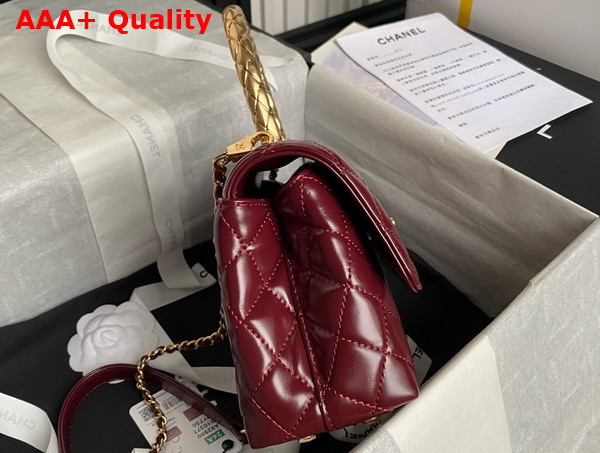 Chanel Flap Bag in Red Shiny Calfskin with Gold Metal Top Handle Replica