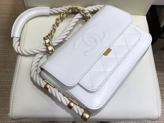 Chanel Flap Bag in White Crumpled Calfskin Cotton and Gold Tone Metal AS0074