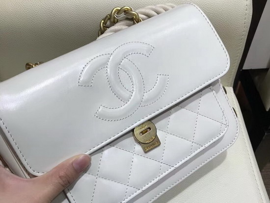 Chanel Flap Bag in White Crumpled Calfskin Cotton and Gold Tone Metal AS0074