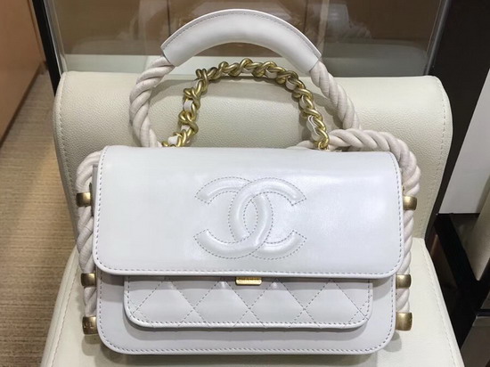 Chanel Flap Bag in White Crumpled Calfskin Cotton and Gold Tone Metal AS0074