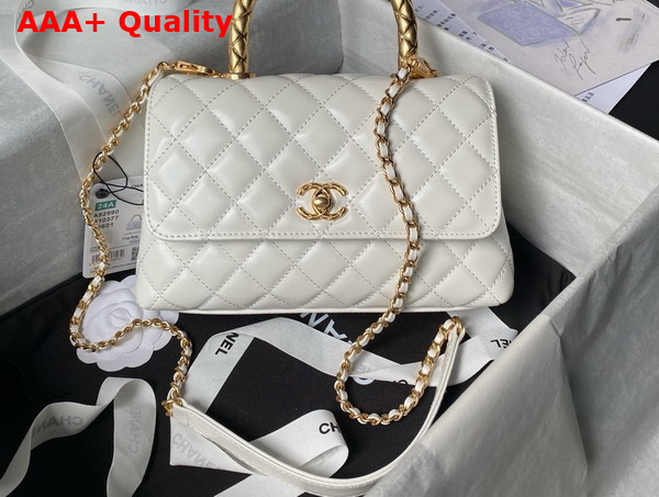 Chanel Flap Bag in White Shiny Calfskin with Gold Metal Top Handle Replica