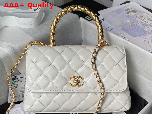 Chanel Flap Bag in White Shiny Calfskin with Gold Metal Top Handle Replica