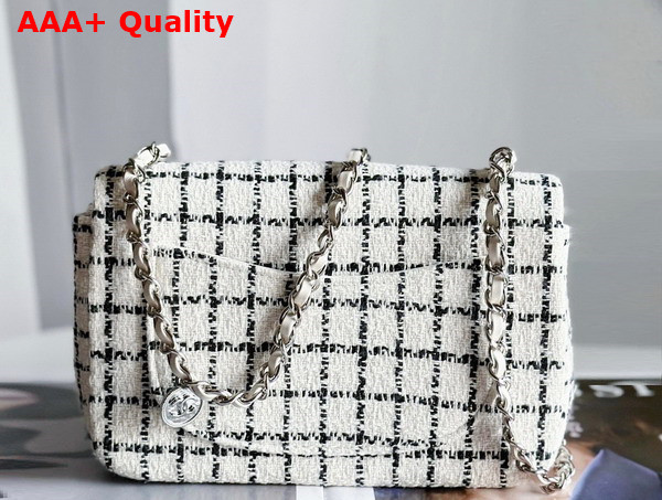 Chanel Flap Bag in White and Black Check Tweed with Two Camellias On The Front Replica