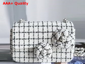 Chanel Flap Bag in White and Black Check Tweed with Two Camellias On The Front Replica