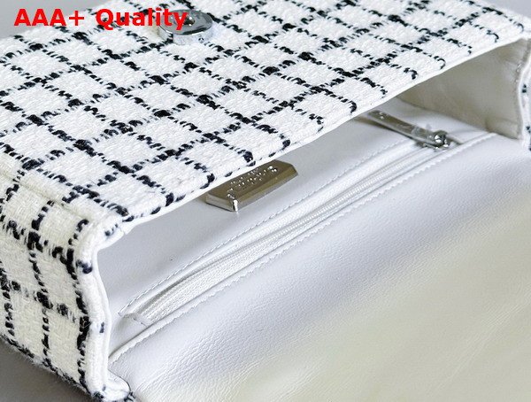 Chanel Flap Bag in White and Black Check Tweed with Two Camellias On The Front Replica