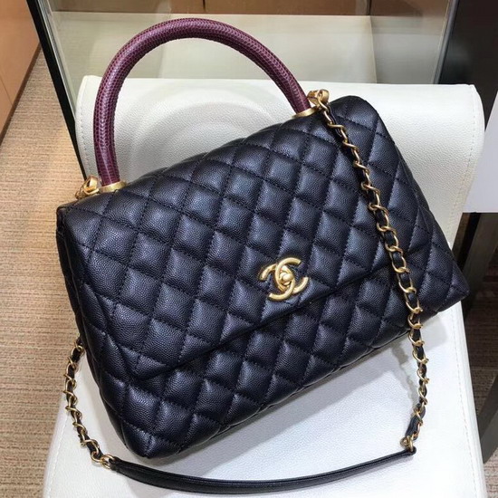 Chanel Flap Bag with Lizard Top Handle Black Grained Calfskin