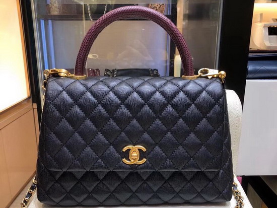 Chanel Flap Bag with Lizard Top Handle Black Grained Calfskin