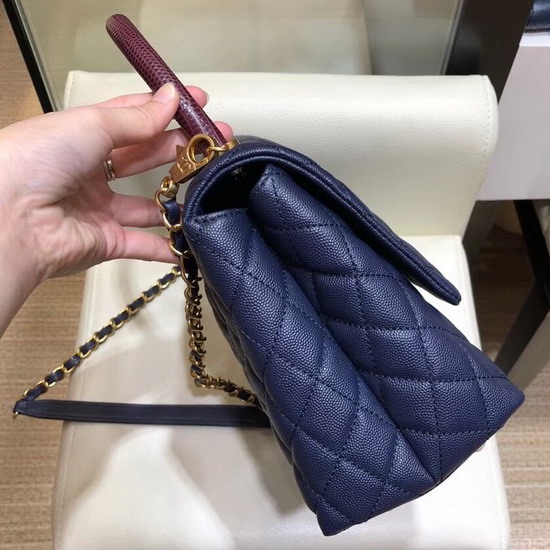 Chanel Flap Bag with Lizard Top Handle Blue Grained Calfskin