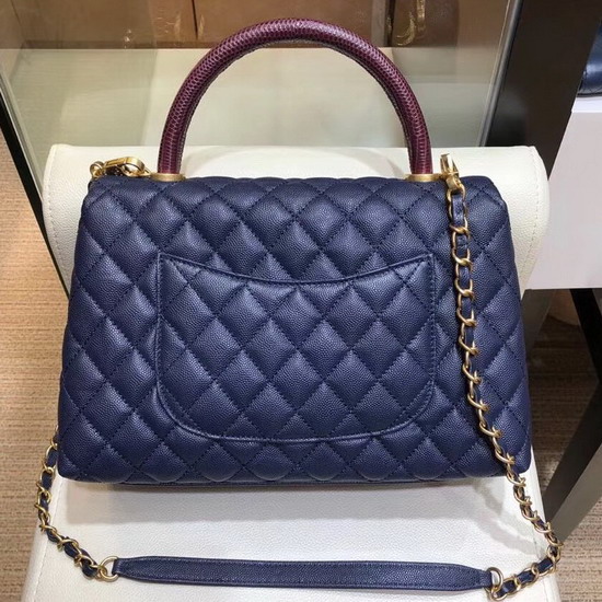 Chanel Flap Bag with Lizard Top Handle Blue Grained Calfskin