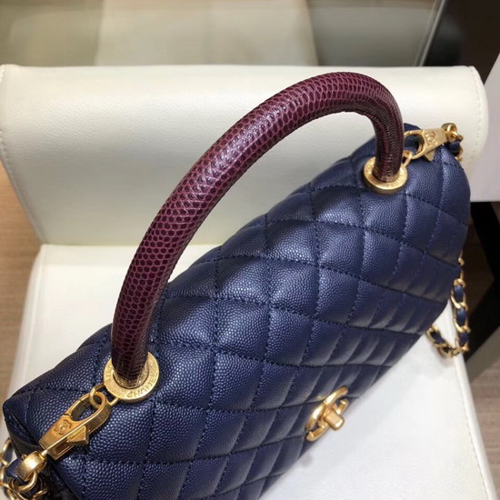 Chanel Flap Bag with Lizard Top Handle Blue Grained Calfskin