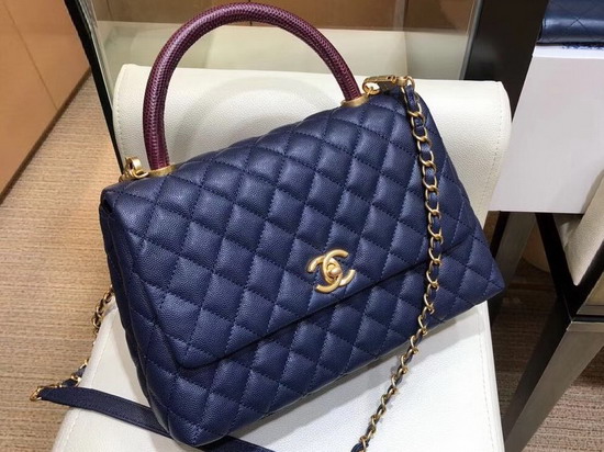 Chanel Flap Bag with Lizard Top Handle Blue Grained Calfskin