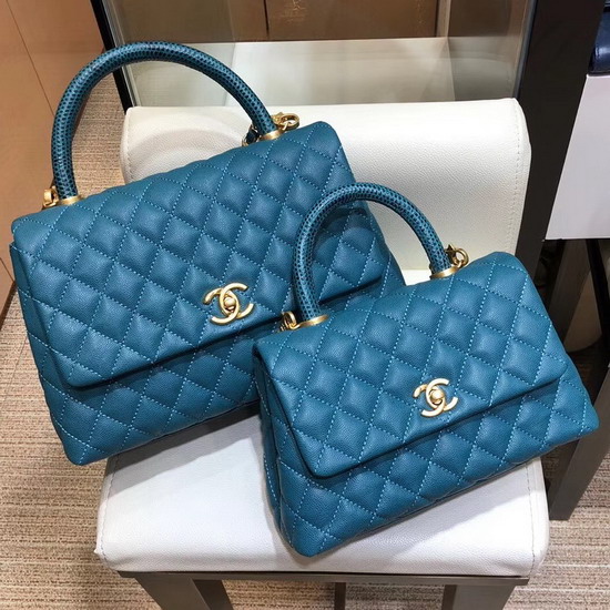 Chanel Flap Bag with Lizard Top Handle Ocean Blue Grained Calfskin