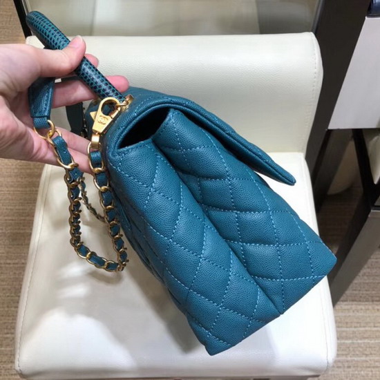 Chanel Flap Bag with Lizard Top Handle Ocean Blue Grained Calfskin