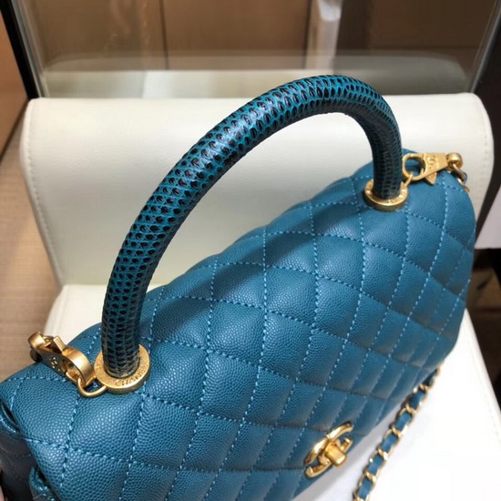 Chanel Flap Bag with Lizard Top Handle Ocean Blue Grained Calfskin