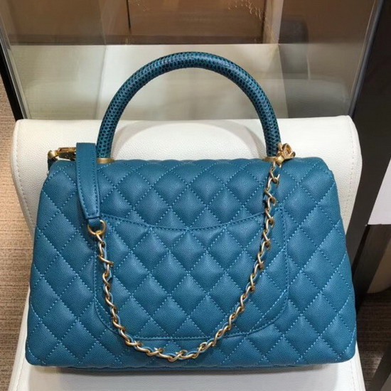 Chanel Flap Bag with Lizard Top Handle Ocean Blue Grained Calfskin