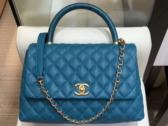 Chanel Flap Bag with Lizard Top Handle Ocean Blue Grained Calfskin