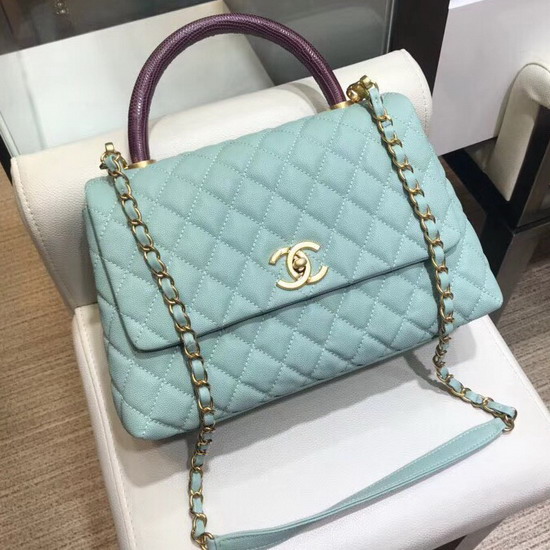 Chanel Flap Bag with Lizard Top Handle Turquoise Grained Calfskin