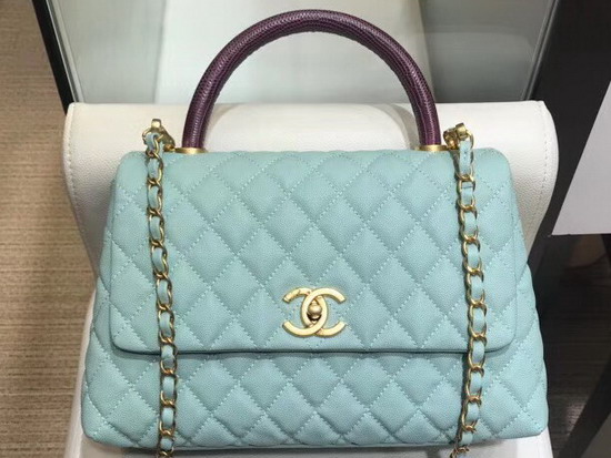 Chanel Flap Bag with Lizard Top Handle Turquoise Grained Calfskin