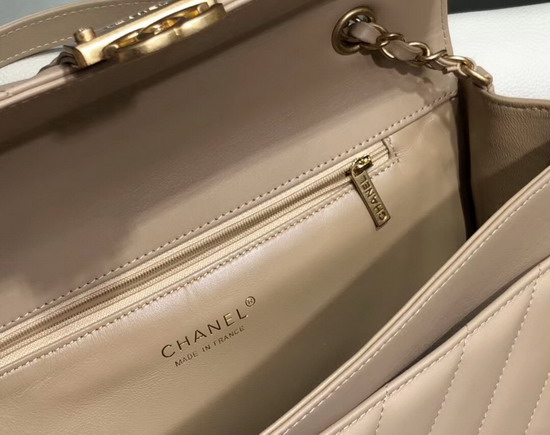 Chanel Flap Bag with Top Handle Beige Quilted and Chevron Calfskin and Gold Tone Metal AS0712