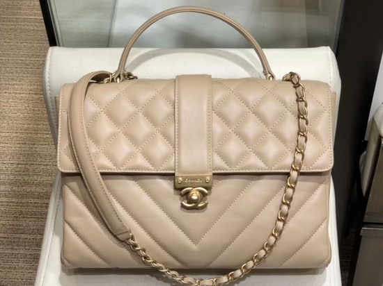 Chanel Flap Bag with Top Handle Beige Quilted and Chevron Calfskin and Gold Tone Metal AS0712