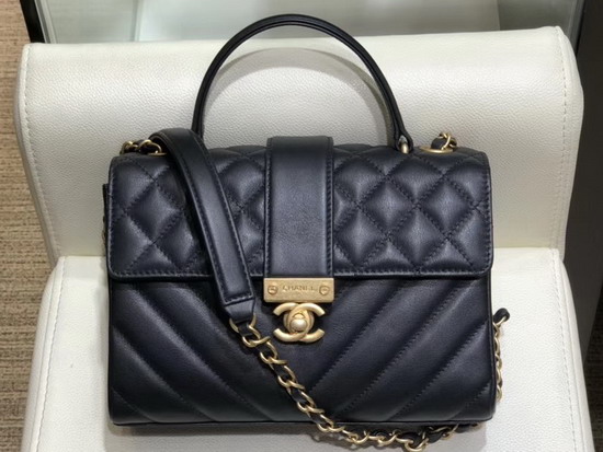 Chanel Flap Bag with Top Handle Black Calfskin and Gold Tone Metal AS0712