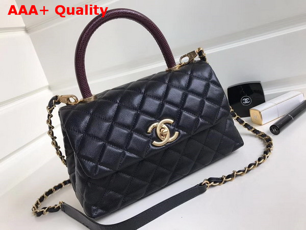 Chanel Flap Bag with Top Handle Black Grained Calfskin Gold Tone Metal Replica