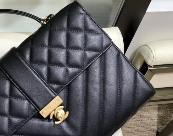 Chanel Flap Bag with Top Handle Black Quilted and Chevron Calfskin and Gold Tone Metal AS0712