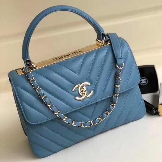 Chanel Flap Bag with Top Handle Blue Lambskin