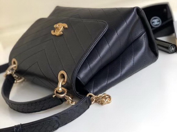 Chanel Flap Bag with Top Handle Grained Calfskin Elaphe and Gold Tone Metal Black