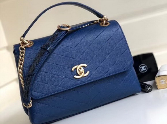 Chanel Flap Bag with Top Handle Grained Calfskin Elaphe and Gold Tone Metal Blue