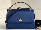 Chanel Flap Bag with Top Handle Grained Calfskin Elaphe and Gold Tone Metal Blue