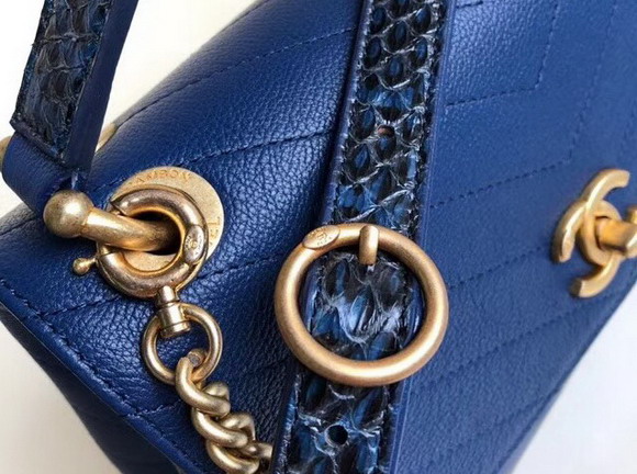 Chanel Flap Bag with Top Handle Grained Calfskin Elaphe and Gold Tone Metal Blue