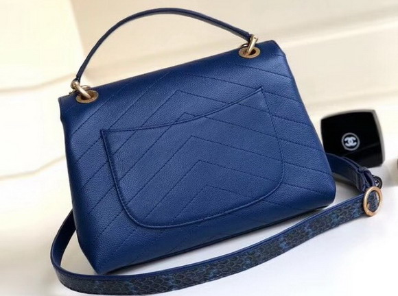 Chanel Flap Bag with Top Handle Grained Calfskin Elaphe and Gold Tone Metal Blue