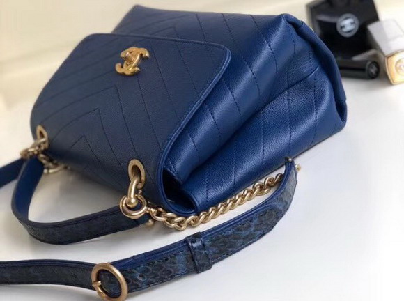 Chanel Flap Bag with Top Handle Grained Calfskin Elaphe and Gold Tone Metal Blue