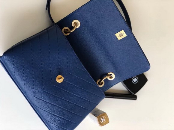 Chanel Flap Bag with Top Handle Grained Calfskin Elaphe and Gold Tone Metal Blue