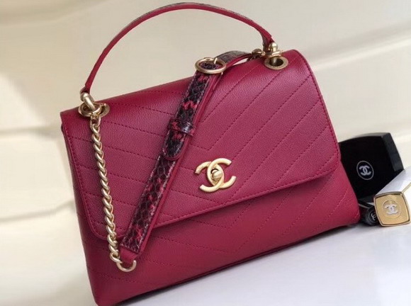 Chanel Flap Bag with Top Handle Grained Calfskin Elaphe and Gold Tone Metal Red and Black