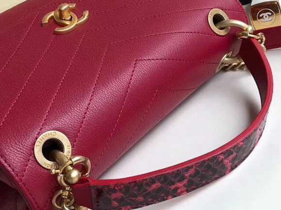 Chanel Flap Bag with Top Handle Grained Calfskin Elaphe and Gold Tone Metal Red and Black