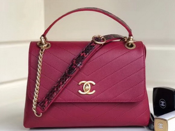 Chanel Flap Bag with Top Handle Grained Calfskin Elaphe and Gold Tone Metal Red and Black