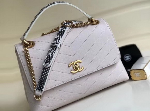 Chanel Flap Bag with Top Handle Grained Calfskin Elaphe and Gold Tone Metal White