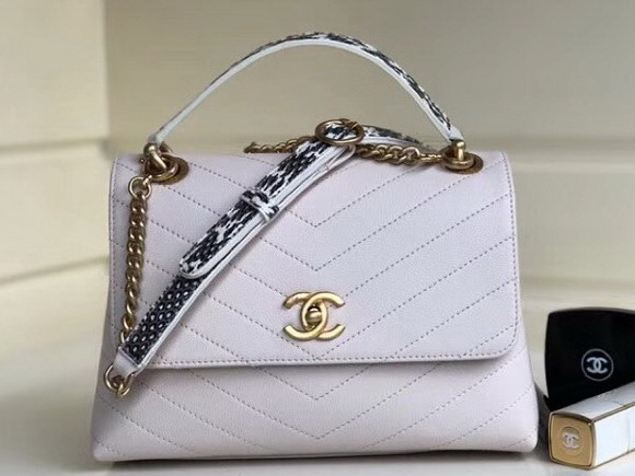 Chanel Flap Bag with Top Handle Grained Calfskin Elaphe and Gold Tone Metal White