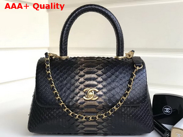 Chanel Flap Bag with Top Handle Python Lambskin Gold Tone Metal Black Replica