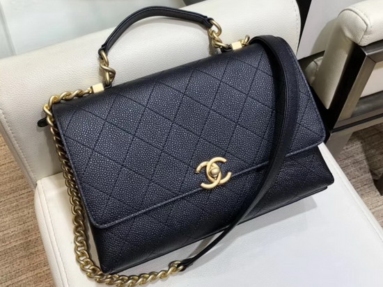 Chanel Flap Bag with Top Handle and Shoulder Strap Black Grained Calfskin AS0305