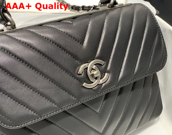 Chanel Flap Bag with Top Handle in Black Chevron Lambskin with Silver Hardware Replica