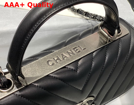 Chanel Flap Bag with Top Handle in Black Chevron Lambskin with Silver Hardware Replica