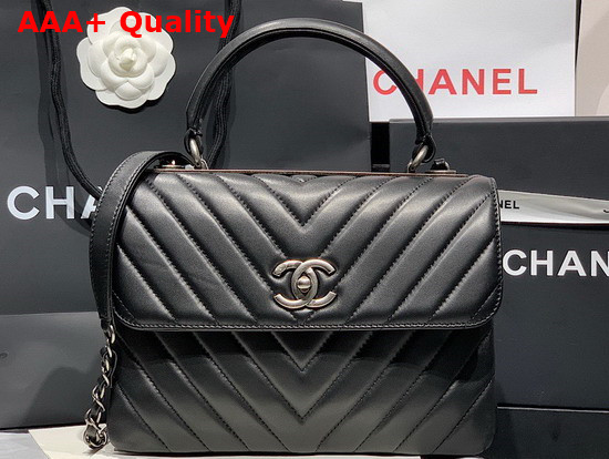 Chanel Flap Bag with Top Handle in Black Chevron Lambskin with Silver Hardware Replica