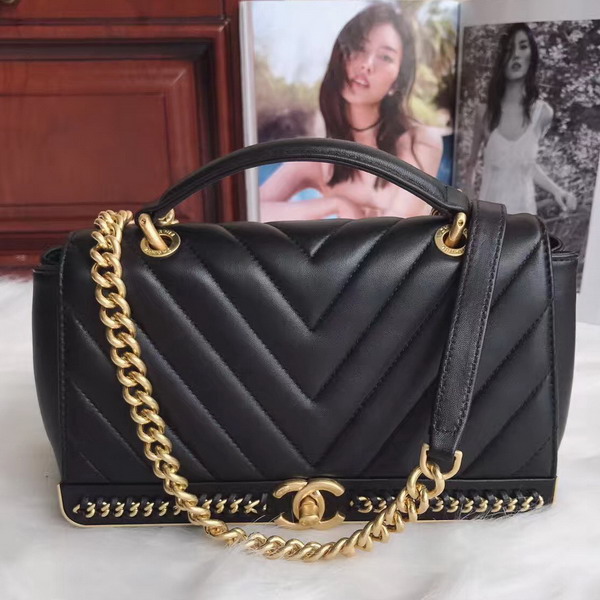 Chanel Flap Bag with Top Handle in Black Lambskin Gold Tone Metal For Sale