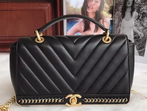 Chanel Flap Bag with Top Handle in Black Lambskin Gold Tone Metal For Sale