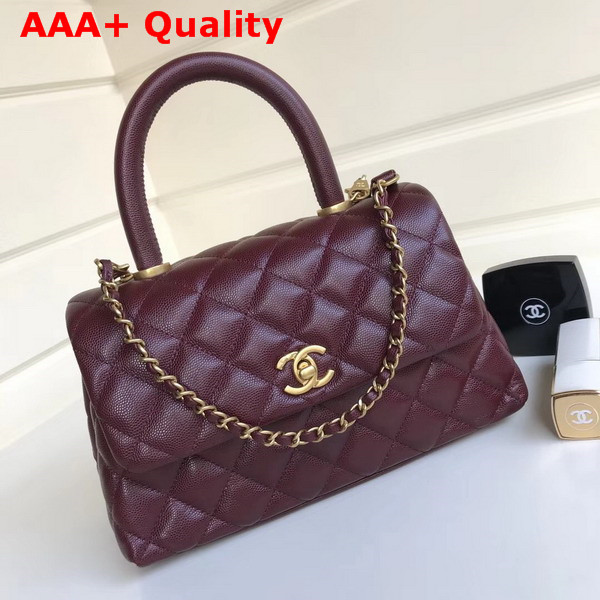 Chanel Flap Bag with Top Handle in Burgundy Grained Calfskin with Gold Tone Metal Replica