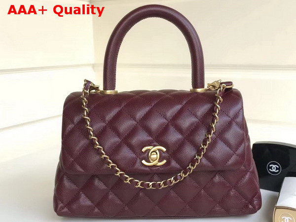 Chanel Flap Bag with Top Handle in Burgundy Grained Calfskin with Gold Tone Metal Replica